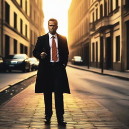 A lawyer with a gun in one hand and a cigar in his mouth is standing on a street during sunset