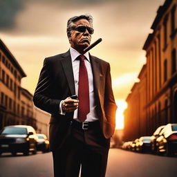 A lawyer with a gun in one hand and a cigar in his mouth is standing on a street during sunset