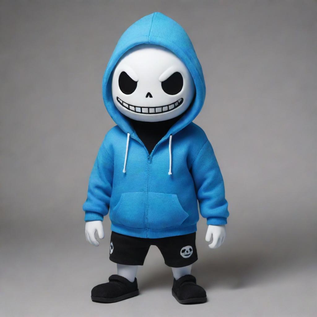 Sans from the video game Undertale, represented as a whimsical skeleton in a blue hoodie, black shorts, and slippers, showcasing his trademark grin and white glowing circular eyes.