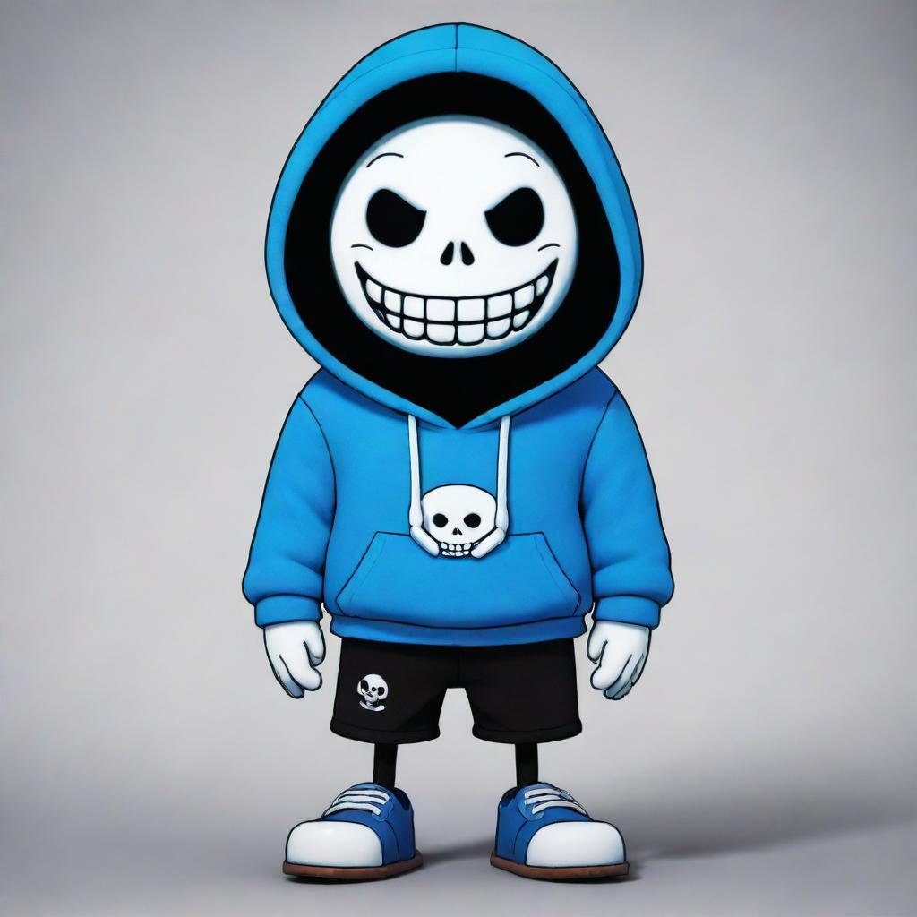 Sans from the video game Undertale, represented as a whimsical skeleton in a blue hoodie, black shorts, and slippers, showcasing his trademark grin and white glowing circular eyes.