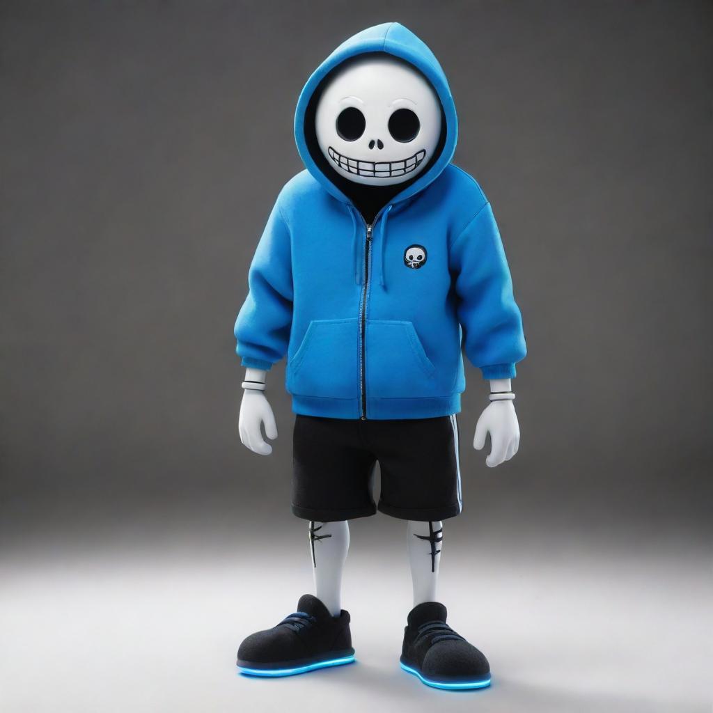 Sans from the video game Undertale, represented as a whimsical skeleton in a blue hoodie, black shorts, and slippers, showcasing his trademark grin and white glowing circular eyes.