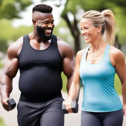 A motivational image depicting a husband and wife on a fitness journey, working out together and showing their progress in losing weight