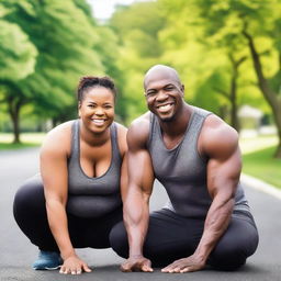 A motivational image depicting a husband and wife on a fitness journey, working out together and showing their progress in losing weight