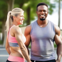 A motivational image depicting a husband and wife on a fitness journey, working out together and showing their progress in losing weight