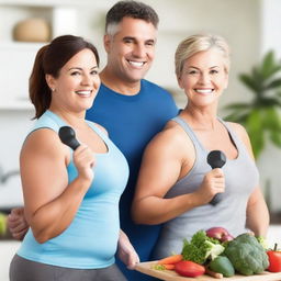 A husband and wife working together to lose weight, engaging in various fitness activities like jogging, lifting weights, and cooking healthy meals