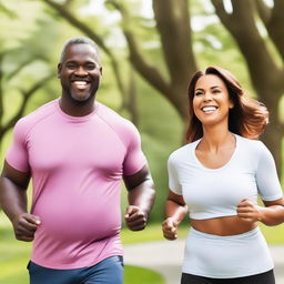 A husband and wife working together to lose weight, engaging in various fitness activities like jogging, lifting weights, and cooking healthy meals