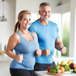 A husband and wife working together to lose weight, engaging in various fitness activities like jogging, lifting weights, and cooking healthy meals