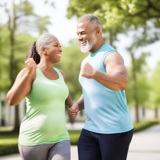 A husband and wife working together to lose weight, engaging in various fitness activities like jogging, lifting weights, and cooking healthy meals