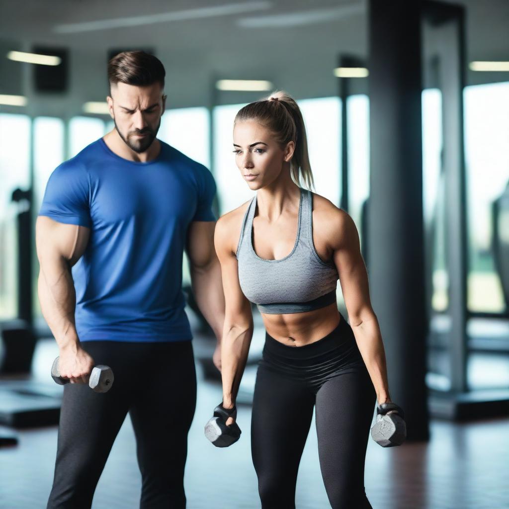 A man and a woman working out in a gym, lifting weights and doing exercises