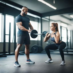 A man and a woman working out in a gym, lifting weights and doing exercises