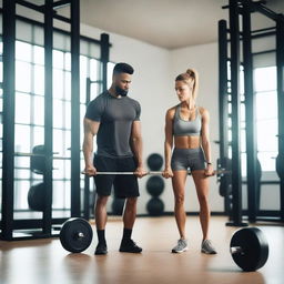 A man and a woman working out in a gym, lifting weights and doing exercises