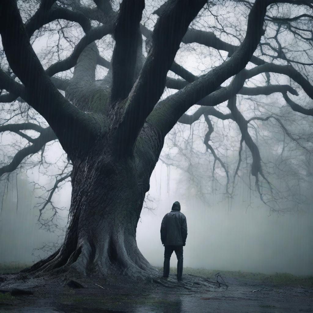 A depressed man stands in front of a large tree while it is raining heavily