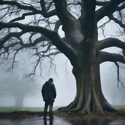 A depressed man stands in front of a large tree while it is raining heavily