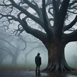 A depressed man stands in front of a large tree while it is raining heavily