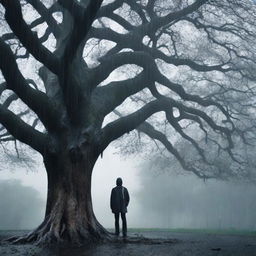 A depressed man stands in front of a large tree while it is raining heavily