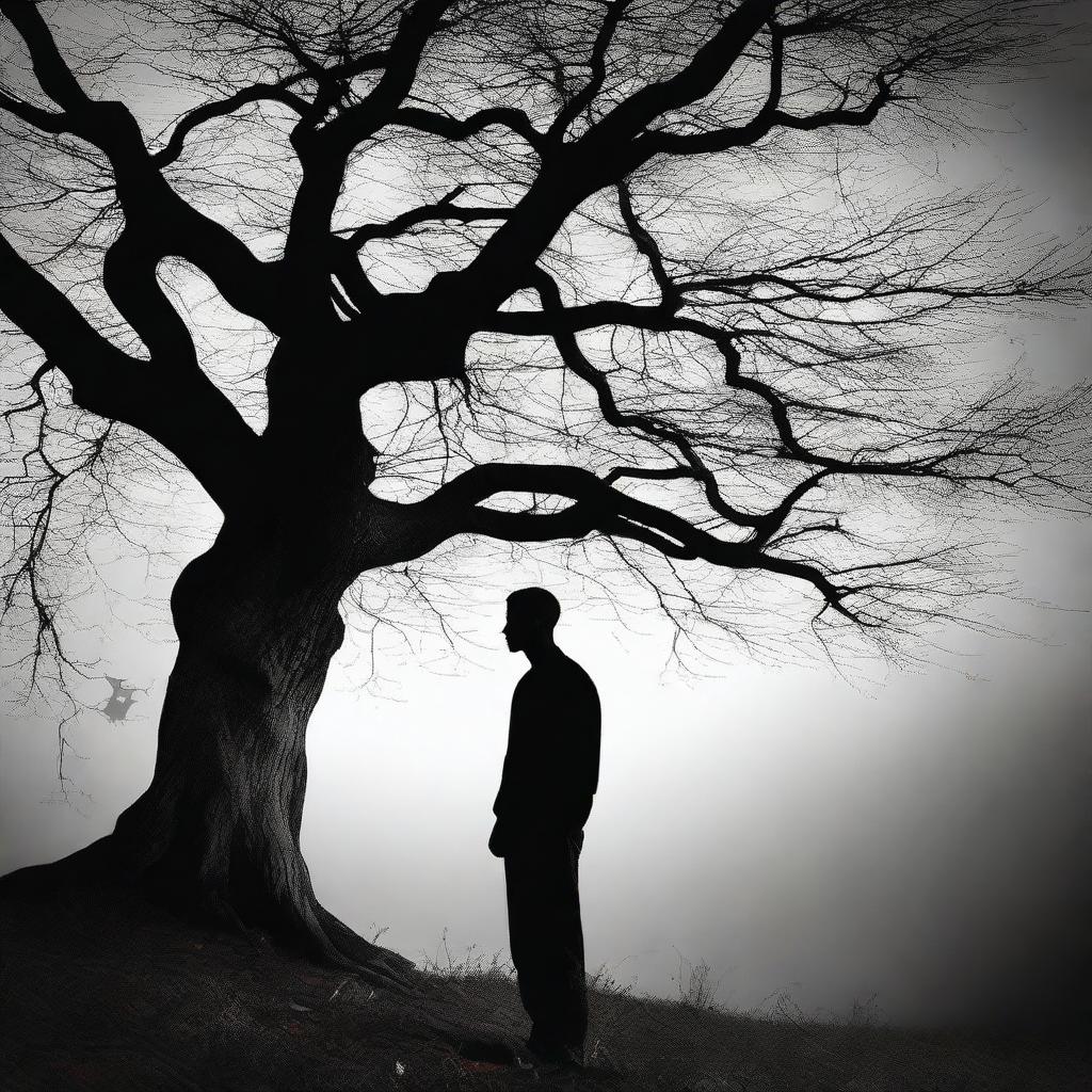 A man stands in front of a tree, appearing deeply troubled and contemplating self-harm