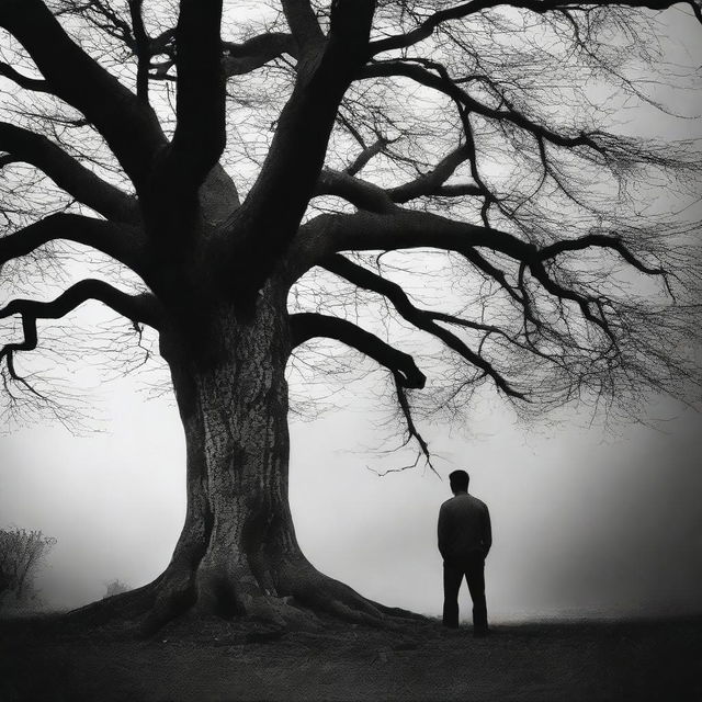 A man stands in front of a tree, appearing deeply troubled and contemplating self-harm