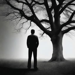 A man stands in front of a tree, appearing deeply troubled and contemplating self-harm