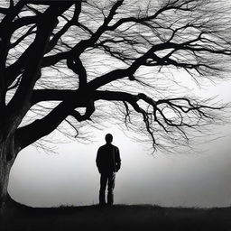 A man stands in front of a tree, appearing deeply troubled and contemplating self-harm