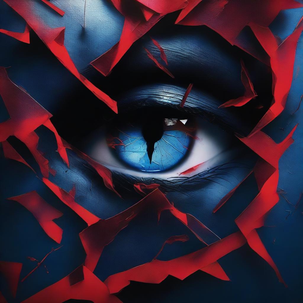 A dark and mysterious book cover, focusing on intense eyes and shattered glass, symbolizing a fragmented personality