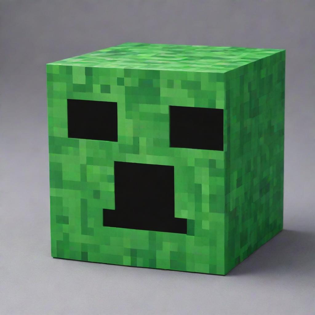 An iconic Minecraft Creeper, cubic in structure and prevalent green texture with pixelated detailing, it's facial features expressing its trademark menacing look.