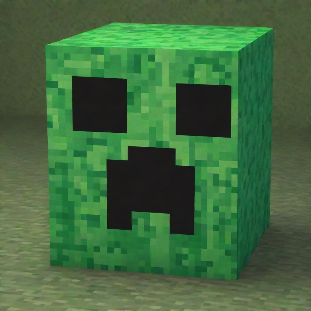 An iconic Minecraft Creeper, cubic in structure and prevalent green texture with pixelated detailing, it's facial features expressing its trademark menacing look.