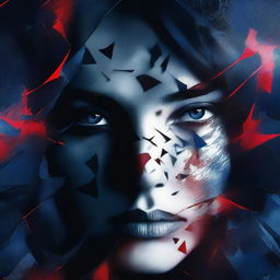 A dark and mysterious book cover, focusing on the intense eyes and shattered glass, symbolizing the fragmented personality of a woman