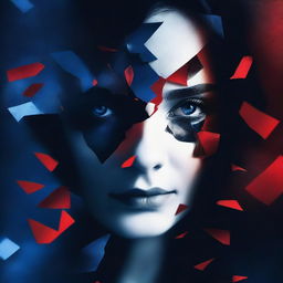 A dark and mysterious book cover with no text, focusing on the intense eyes and shattered glass, symbolizing the fragmented personality of a woman