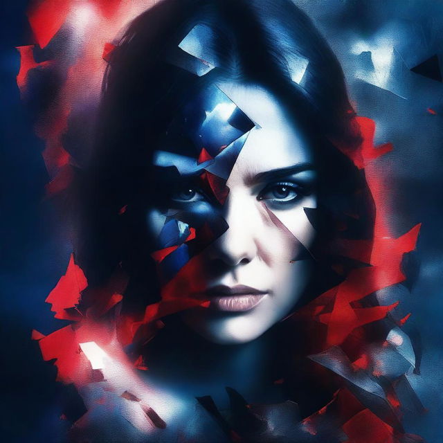 A dark and mysterious book cover with no text, focusing on the intense eyes and shattered glass, symbolizing the fragmented personality of a woman