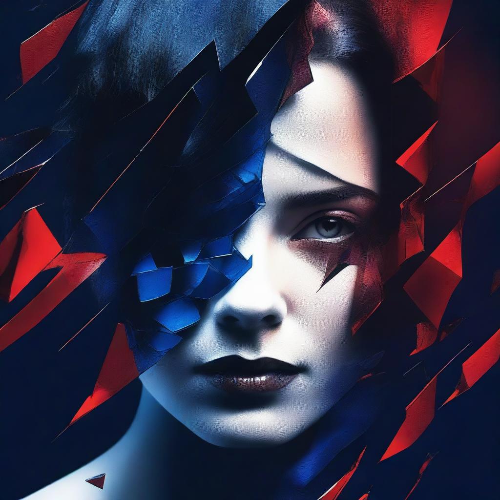 A dark and mysterious book cover with no text, focusing on intense eyes and shattered glass, symbolizing the fragmented personality of a woman