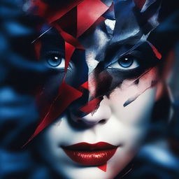 A dark and mysterious book cover with no text, focusing on intense eyes and shattered glass, symbolizing the fragmented personality of a woman