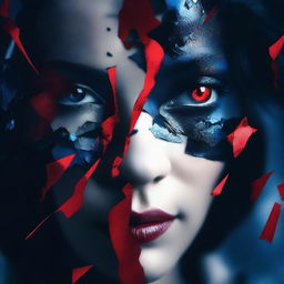 A dark and mysterious book cover with no text, focusing on intense eyes and shattered glass, symbolizing the fragmented personality of a woman