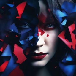 A dark and mysterious book cover with no text, focusing on intense eyes and shattered glass, symbolizing the fragmented personality of a woman