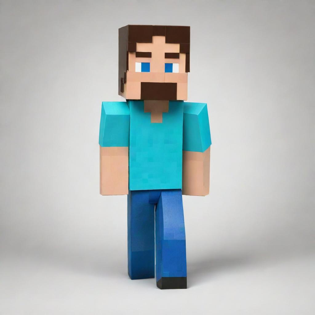 The iconic Minecraft Steve, constructed of blocky, pixelated layers, featuring blue eyes, dark hair, a cyan shirt, and blue jeans.