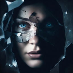 A dark and mysterious book cover with no text, focusing on intense eyes and shattered glass, symbolizing the fragmented personality of a woman