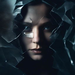 A dark and mysterious book cover with no text, focusing on intense eyes and shattered glass, symbolizing the fragmented personality of a woman