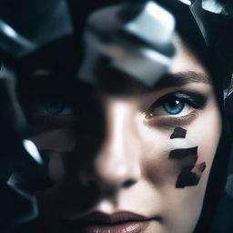 A dark and mysterious book cover with no text, focusing on intense eyes and shattered glass, symbolizing the fragmented personality of a woman