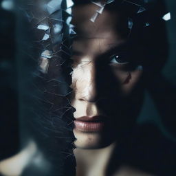 A dark and mysterious book cover with no text, focusing on intense eyes and shattered glass, symbolizing the fragmented personality of a woman