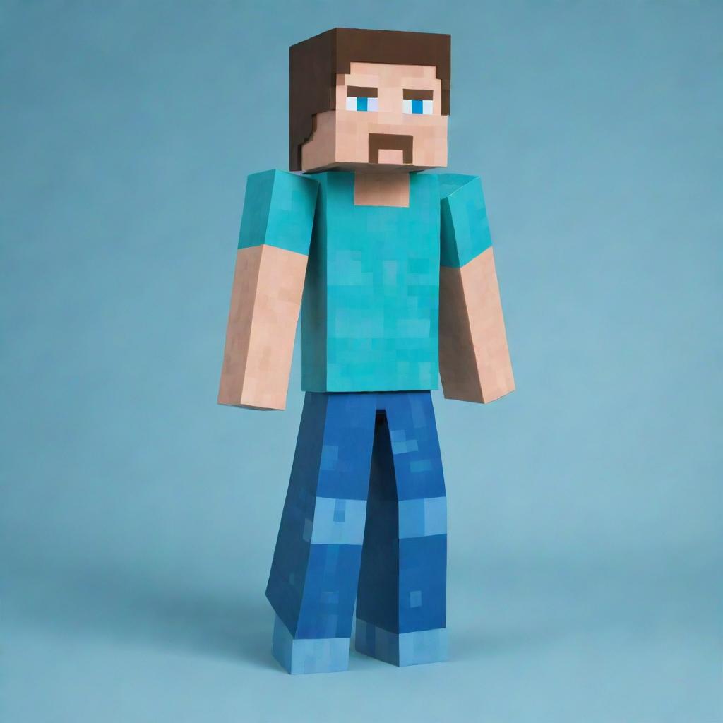 The iconic Minecraft Steve, constructed of blocky, pixelated layers, featuring blue eyes, dark hair, a cyan shirt, and blue jeans.