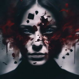 A dark and mysterious book cover with no text, focusing on intense eyes and shattered glass, symbolizing the fragmented personality of a woman