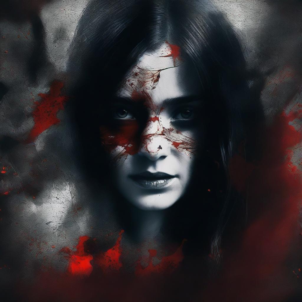 A dark and mysterious book cover with no text, focusing on intense eyes and shattered glass, symbolizing the fragmented personality of a woman, with blood stains