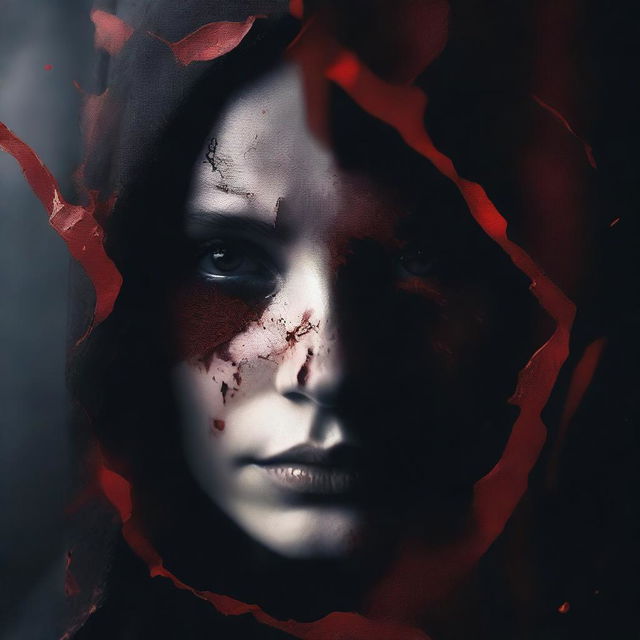 A dark and mysterious book cover with no text, focusing on intense eyes and shattered glass, symbolizing the fragmented personality of a woman, with blood stains