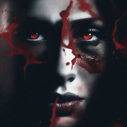 A dark and mysterious book cover with no text, focusing on intense eyes and shattered glass, symbolizing the fragmented personality of a woman, with blood stains