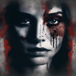 A dark and mysterious book cover with no text, focusing on intense eyes and shattered glass, symbolizing the fragmented personality of a woman, with blood stains