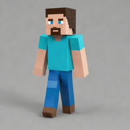 The iconic Minecraft Steve, constructed of blocky, pixelated layers, featuring blue eyes, dark hair, a cyan shirt, and blue jeans.