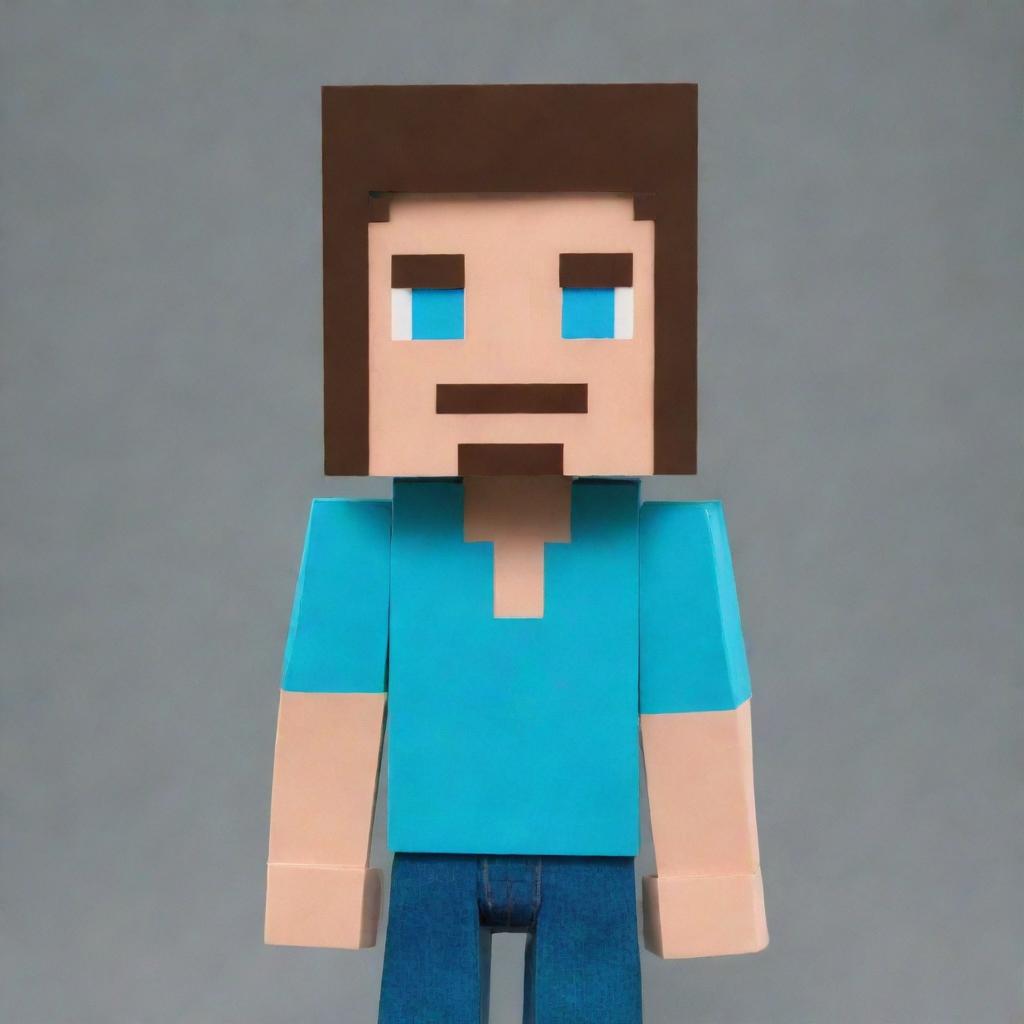 The iconic Minecraft Steve, constructed of blocky, pixelated layers, featuring blue eyes, dark hair, a cyan shirt, and blue jeans.