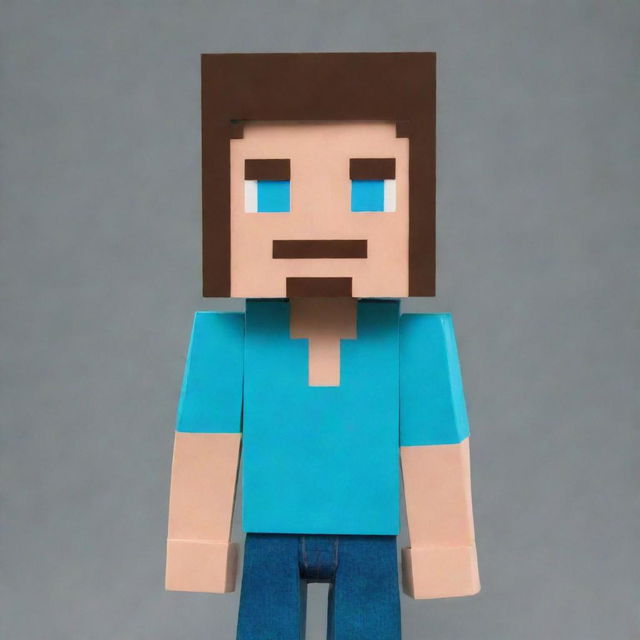 The iconic Minecraft Steve, constructed of blocky, pixelated layers, featuring blue eyes, dark hair, a cyan shirt, and blue jeans.