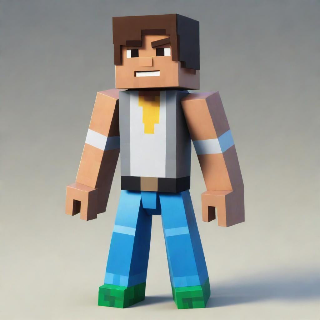 A unique fusion of a Roblox character and a Minecraft character, displaying the cubic structure and pixelated detail of Minecraft combined with the human-like figure and characteristic features of Roblox.