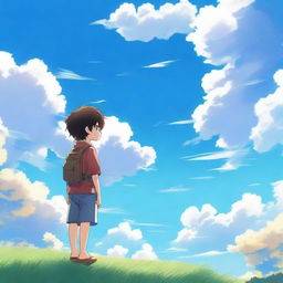 A serene anime scene featuring a young boy standing under a vast, clear sky with fluffy clouds