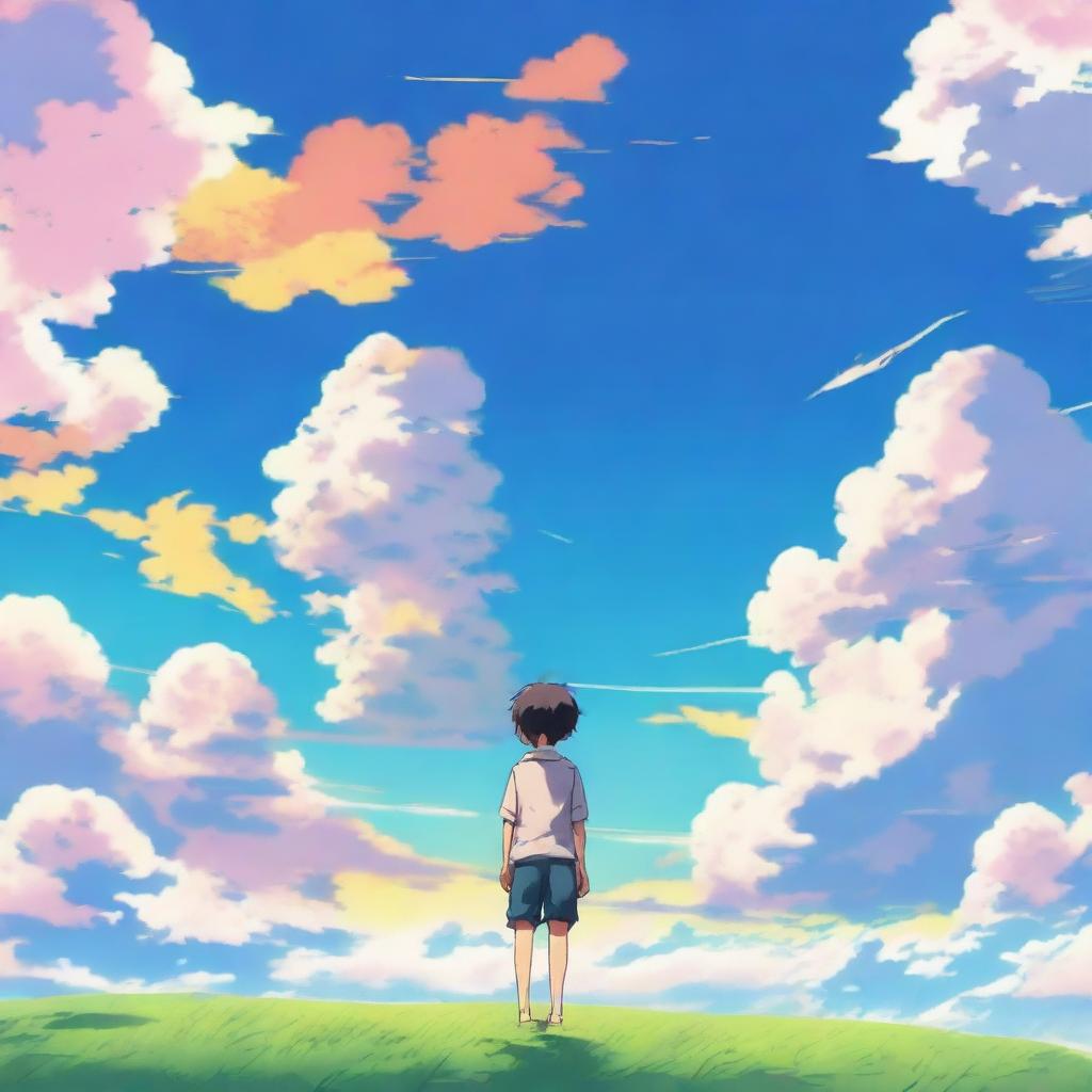 A serene anime scene featuring a young boy standing under a vast, clear sky with fluffy clouds